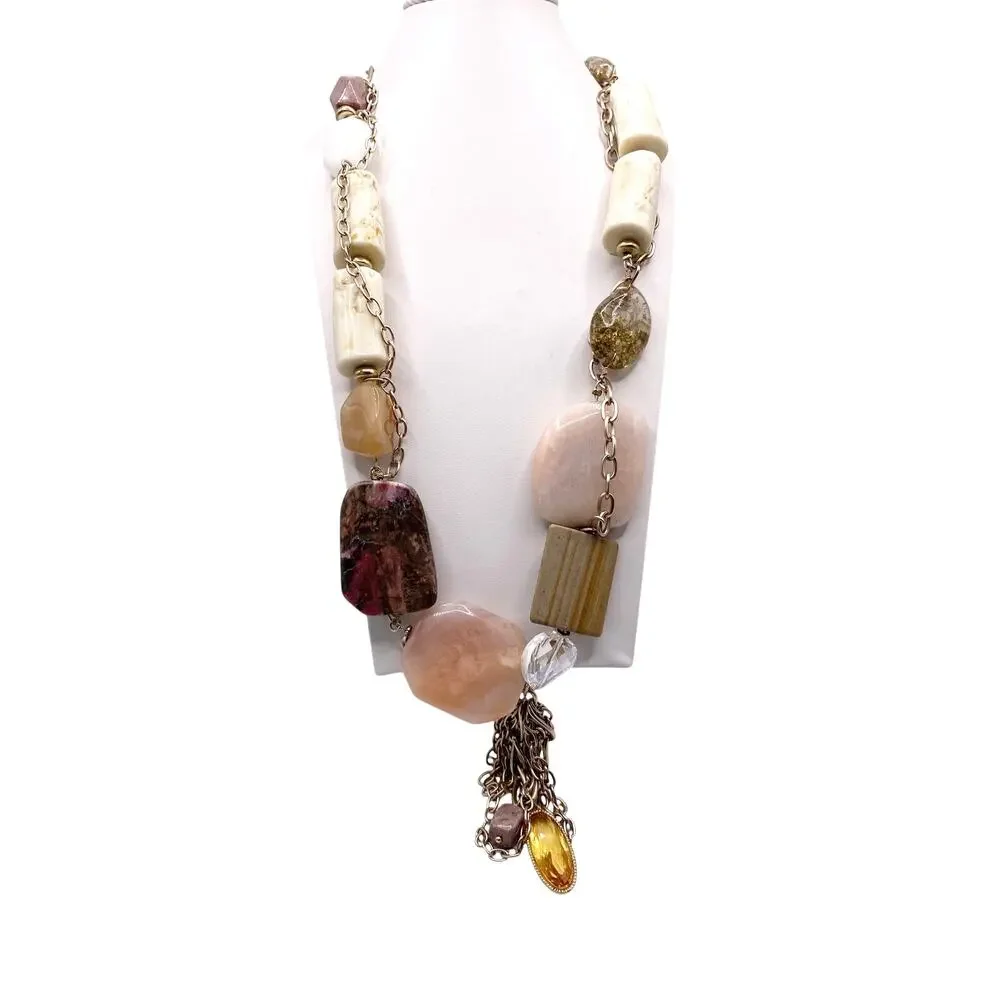 Vintage Multi Gemstones Chunky Necklace Quartz Amber 1990s 24” Pendant - Picture 2 of 5